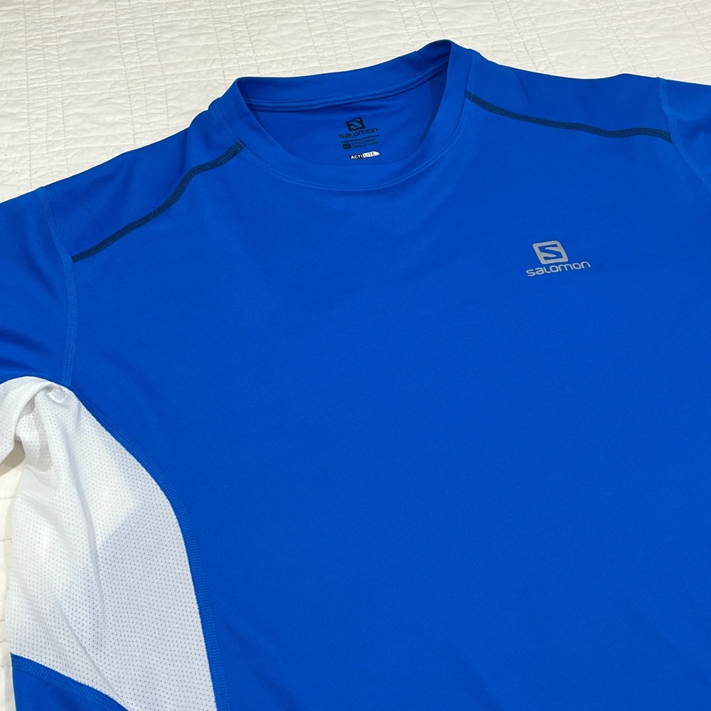 Salomon ActiLite Mens XL Blue White Running Shirt Short Sleeve Mesh Trail Tee
